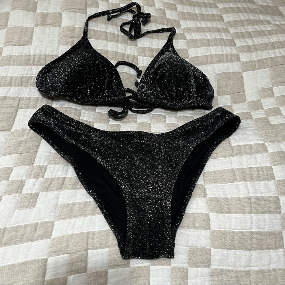 NWT H&M Glitter Triangle Bikini Set in Black - Size 12 Top, Size 10 Bottom